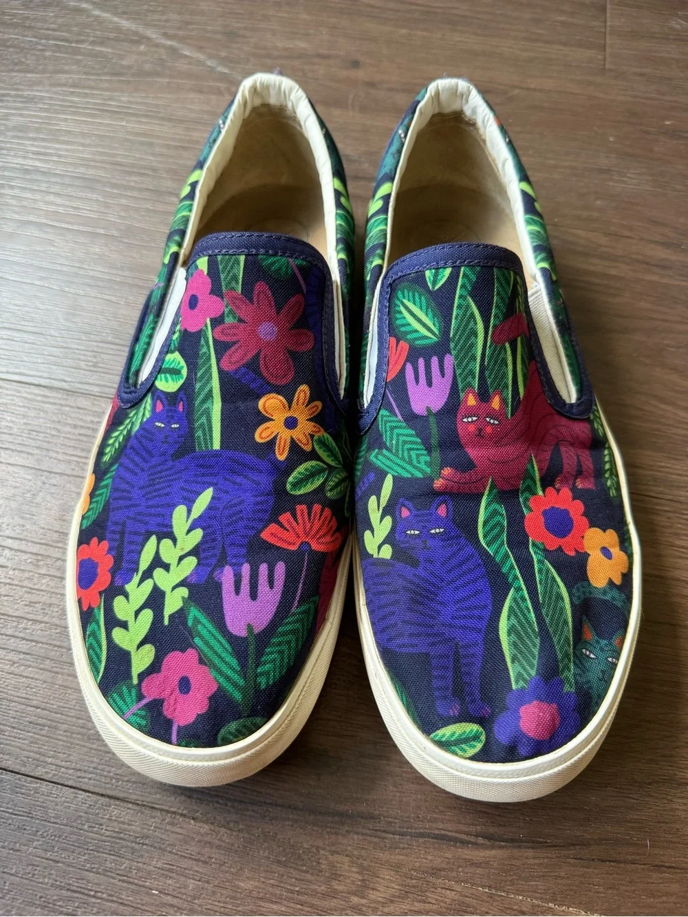 Inkkas Sokoke Slip On Colorful Cat & Floral Blue Purple Sneakers Vegan Shoes 11